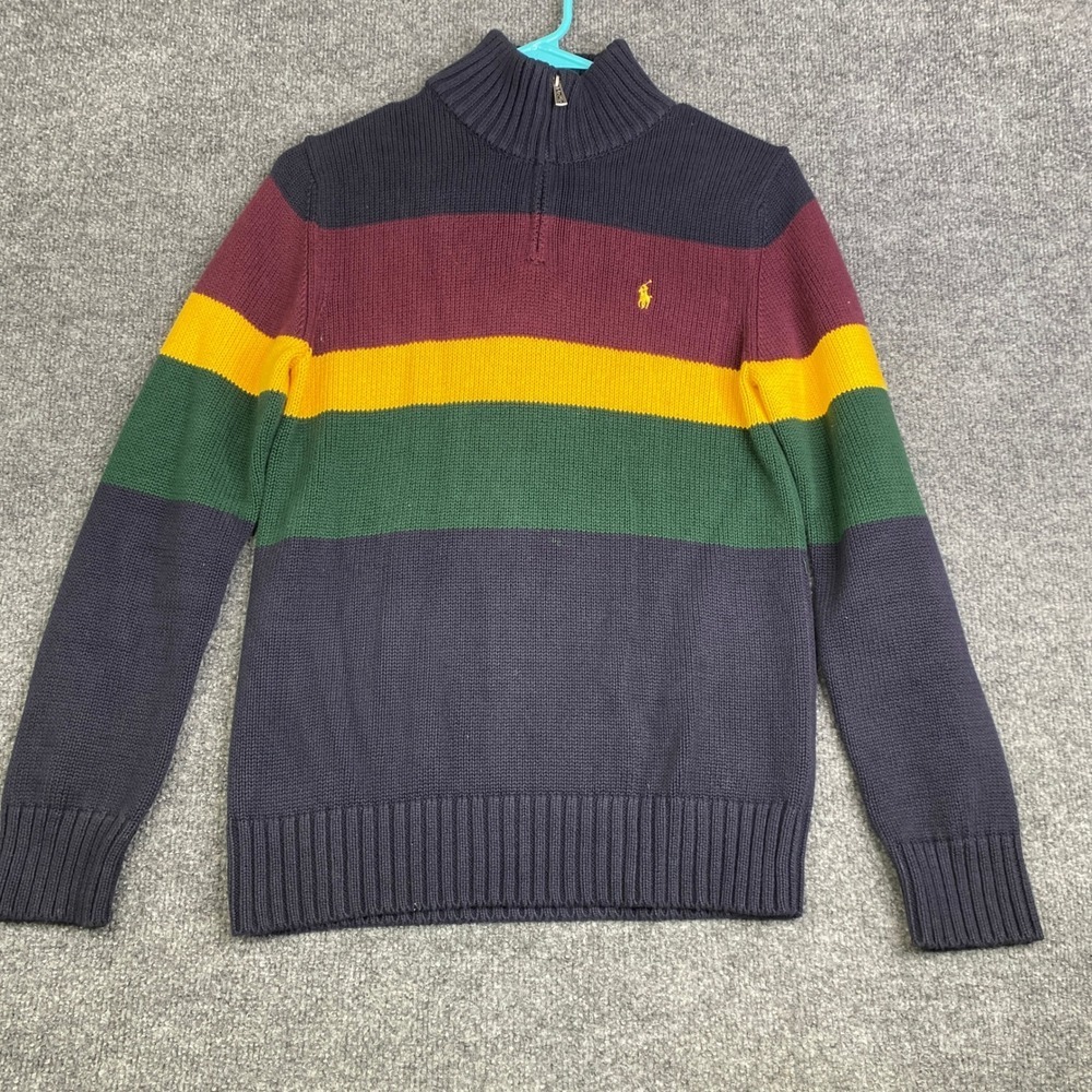 Polo Ralph Lauren Boys L 14-16 Quarter Zip Colorblock Striped Cotton Sweater